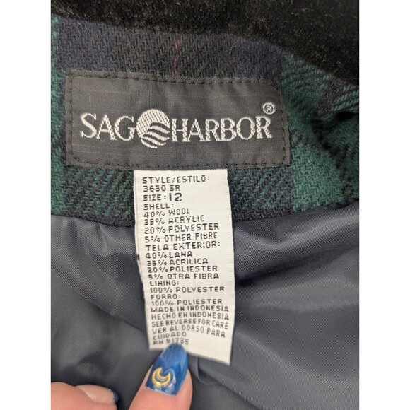 Sag Harbor Vintage 90's Wool Green Plaid Lined Blazer Velvet Collar Size Large - Picture 5 of 11